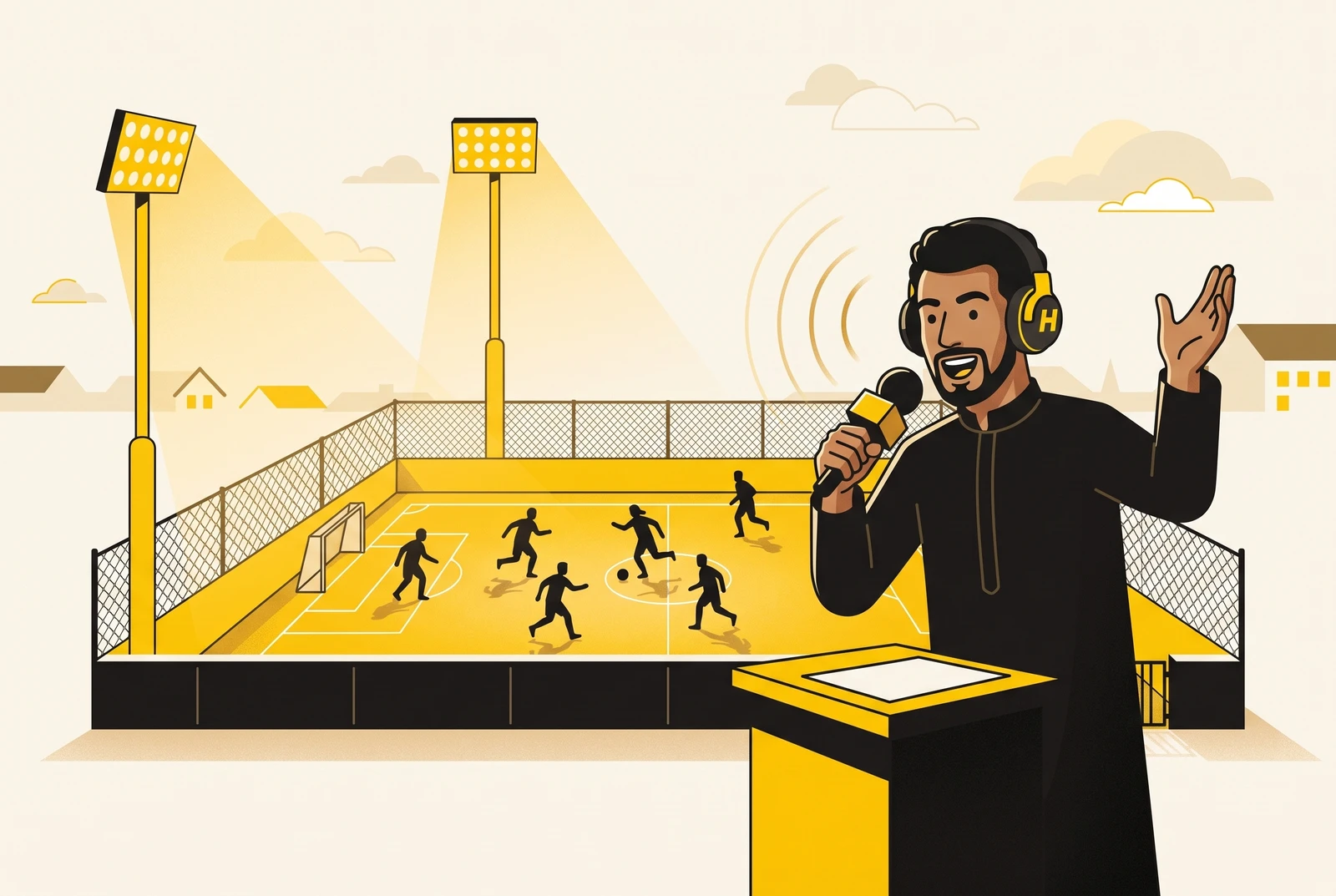 معلق صوتي حماسي بسماعات ومايك بجانب ملعب حارة مضاء