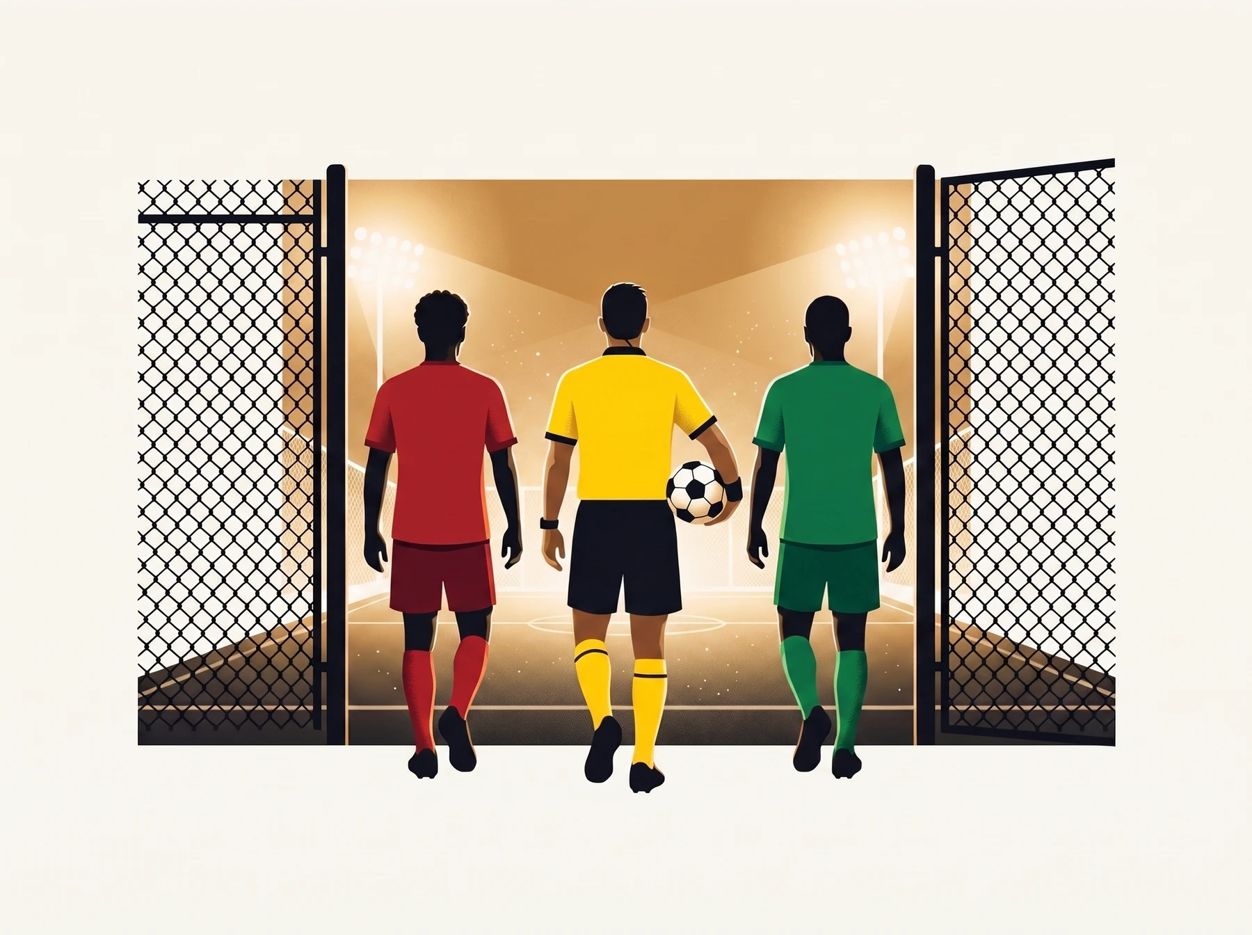 حكم بطقم أصفر يحمل الكورة بين لاعبَين منافسَين بالأحمر والأخضر يدخلون ملعب الحارة تحت الكشافات